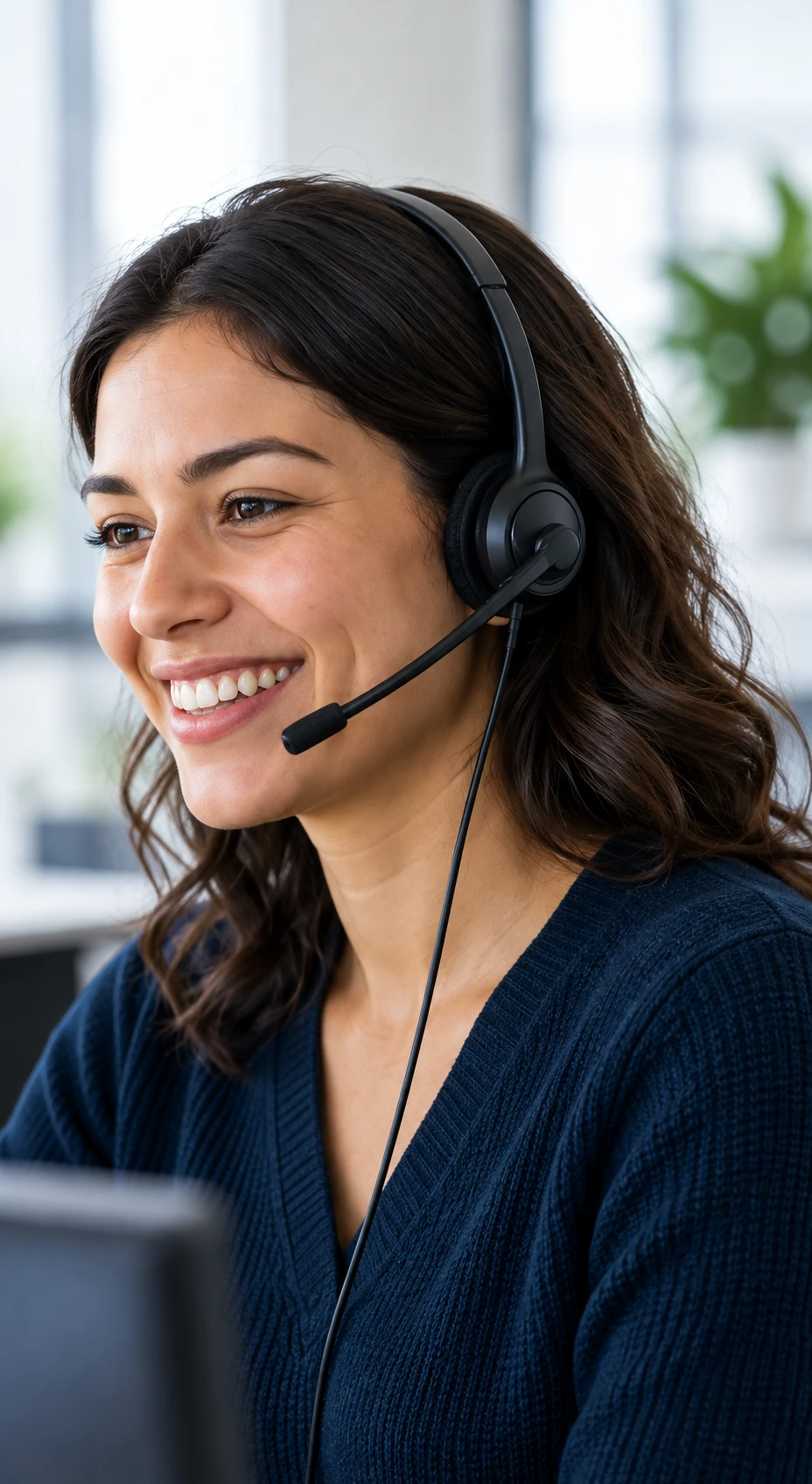 A smiling remote support specialist wearing a headset